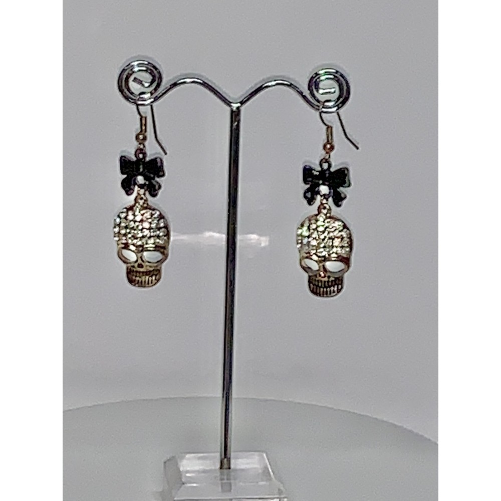 Rhinestone Skull Earrings w/a Black Bow